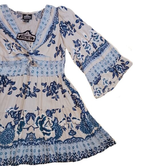 Angie Womens Size Medium Dress Boho Short Keyhole Blue Long Sleeve Ladies M - Picture 6 of 12